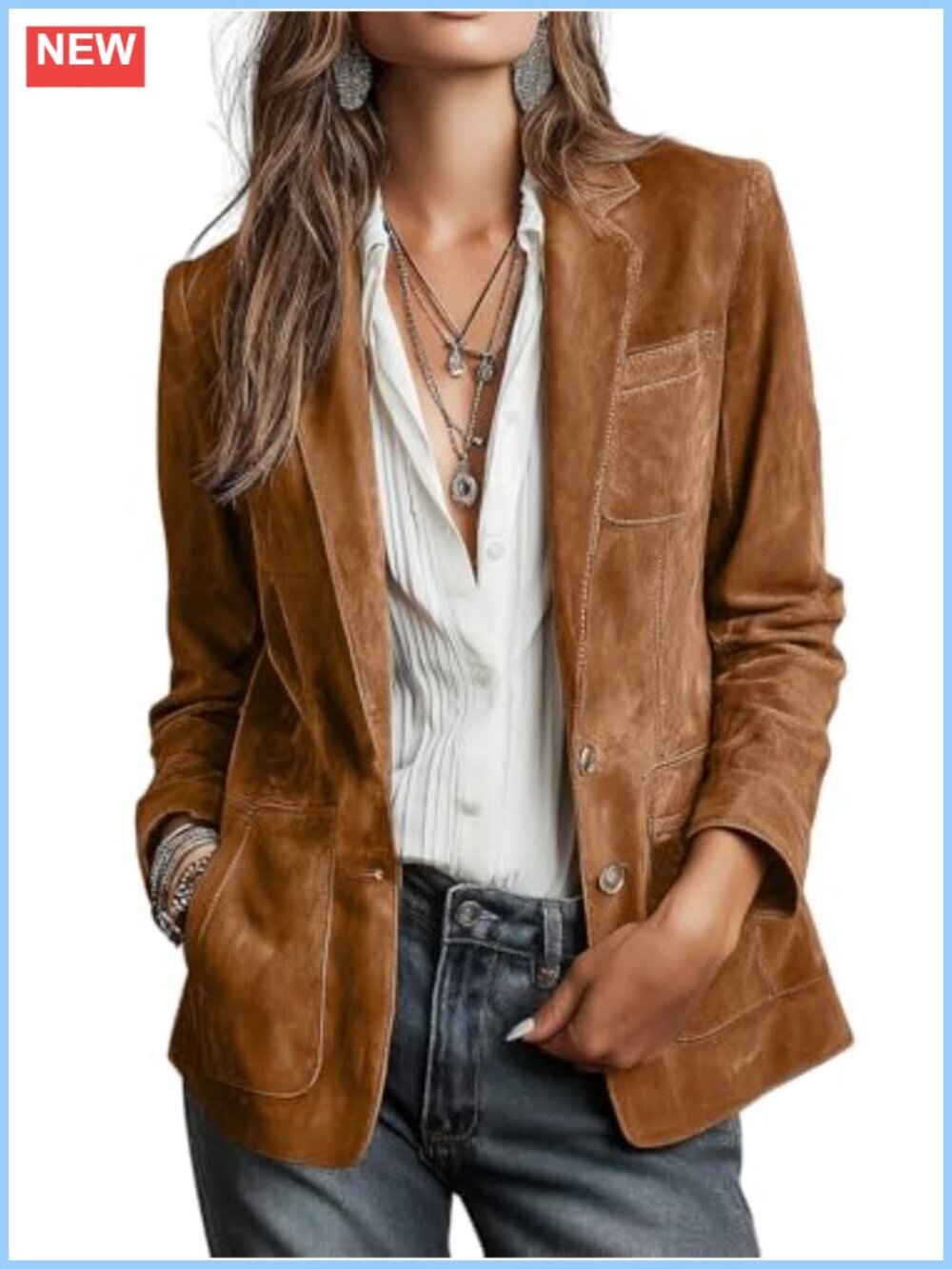Retro Faux Suede Leather Blazer Notched Collar Work Jacket Women